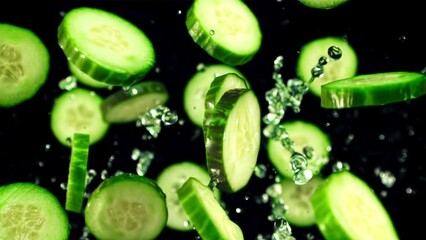 Pieces of fresh cucumber with splashes of water fly up and rotate in flight. On a black background. Top view. Filmed is slow motion 1000 fps. - Powered by Adobe