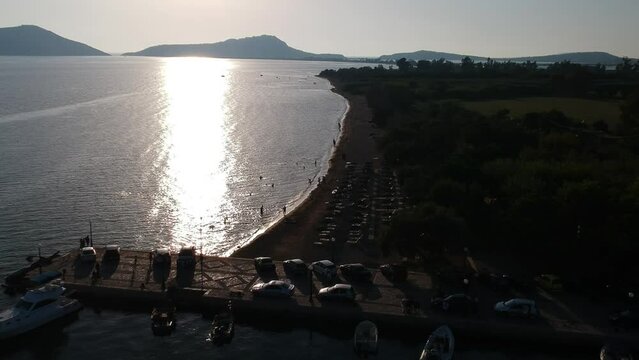 Panoramic aerial view over Gialova seaside city in Navarino bay. It is one of the best touristic places located in Messenia, Greece.