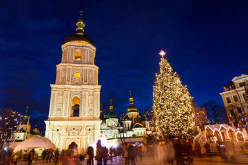 Christmas market on Sophia Square in Kyiv, Ukraine. Main Kyiv's New Year tree and Saint Sophia...