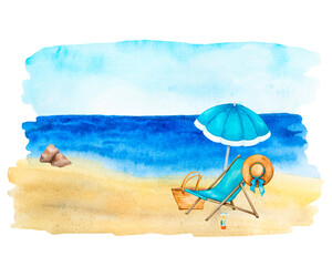 Summer beach vacation. Watercolor background. Composition on the seashore with sun lounger, umbrella, wicker bag and hat.