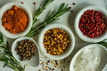 Spices in the bowls as a cooking frame