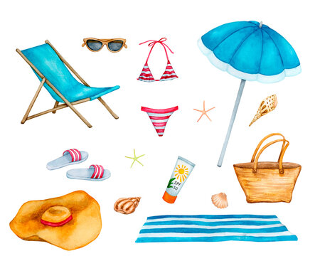 A large set of elements for a beach holiday. Chaise longue, bikini, sunscreen, seashells and other watercolor illustrations isolated on a white background.