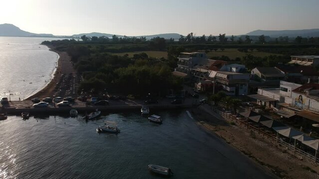 Panoramic aerial view over Gialova seaside city in Navarino bay. It is one of the best touristic places located in Messenia, Greece.