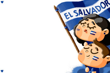 Ilustración infantil de día de la Independencia de El Salvador, bandera de El Salvador, chico y chica salvadoreños patrióticos con fondo blanco  