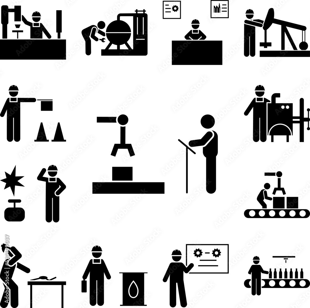 Poster man, person, mechanism, engine icon in a collection with other items