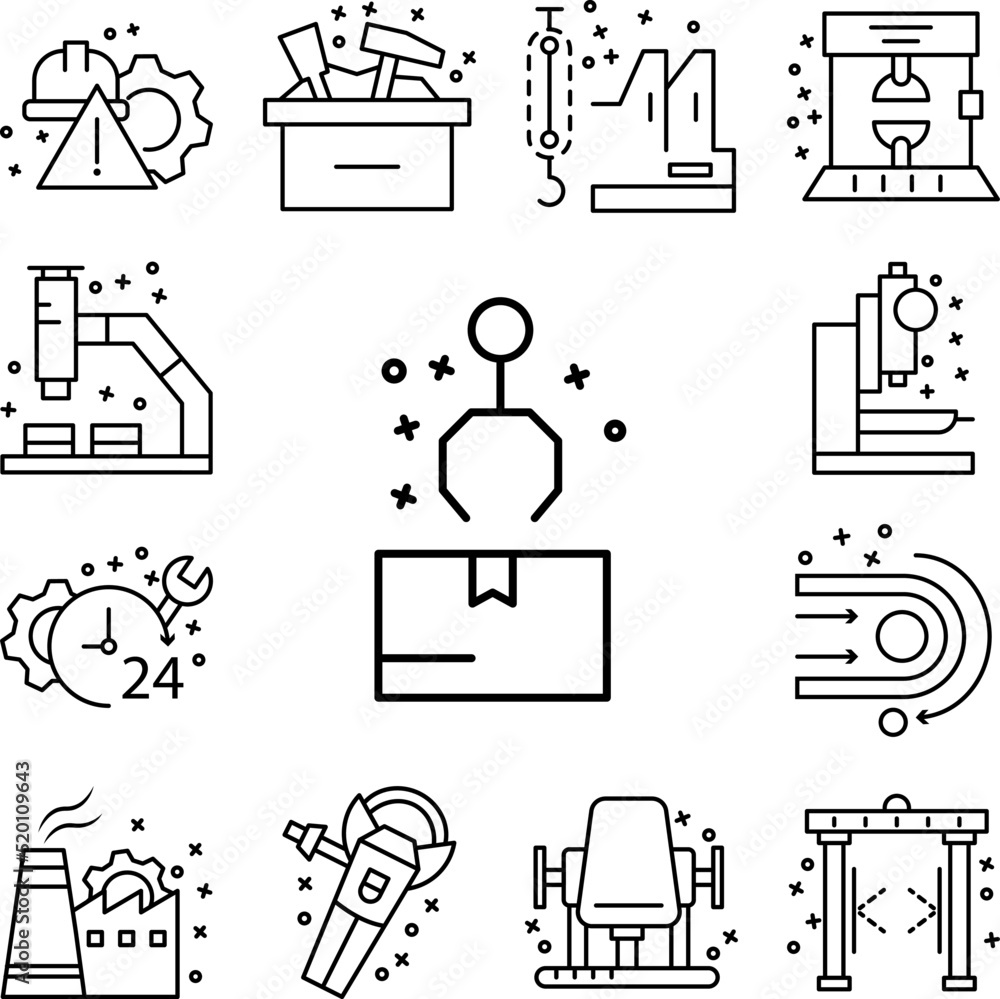 Poster machine factory box icon in a collection with other items