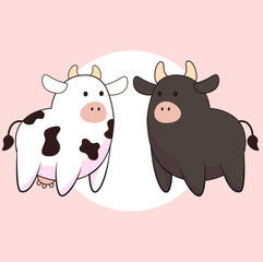 set of funny cartoon cow and bull