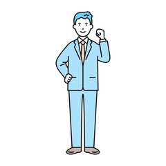ビジネス_人物_男性_スーツ_全身_腰に手をあて拳を上げる_左手