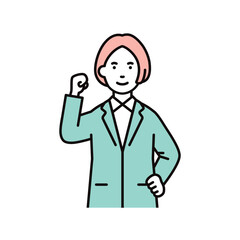 ビジネス_人物_女性_スーツ_上半身_腰に手をあて拳を上げる_右手