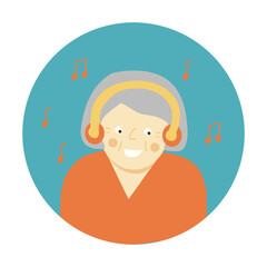 Old woman listen music in headphones, old people using technology concept, vector, round background