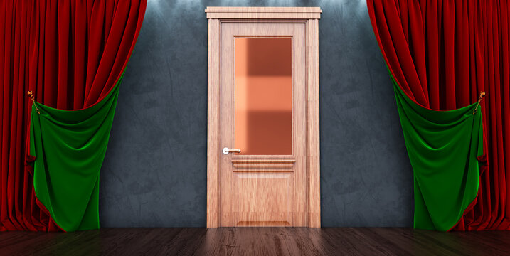 3d render of wooden door on a dark wall withe red and green curtains