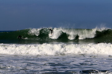 Obraz premium Surfing on high waves in the Mediterranean.
