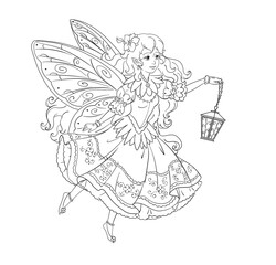 Fairy in a pretty dress flying at night with a small lantern isolated coloring page
