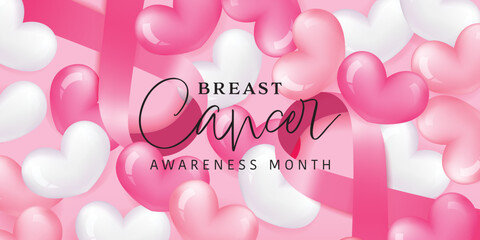 Breast cancer october awareness month pink ribbon with heart balloons background. Vector illustration background.
