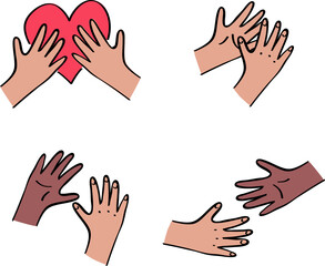 Kids hands interans set. Holding heart, reaching out to each other. Charity donation, social care, diversity concept. Vollunteer logo. Outline with color illustration in hand drawn style