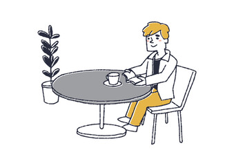 テーブルに座り静かに読書をする男性　喫茶店やカフェでの風景