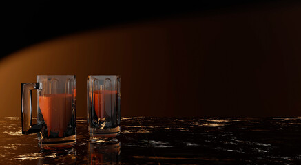 Two glass of beer on a dark glass table on black background with gradient. Liquors and beverages. Illustration 3d	
