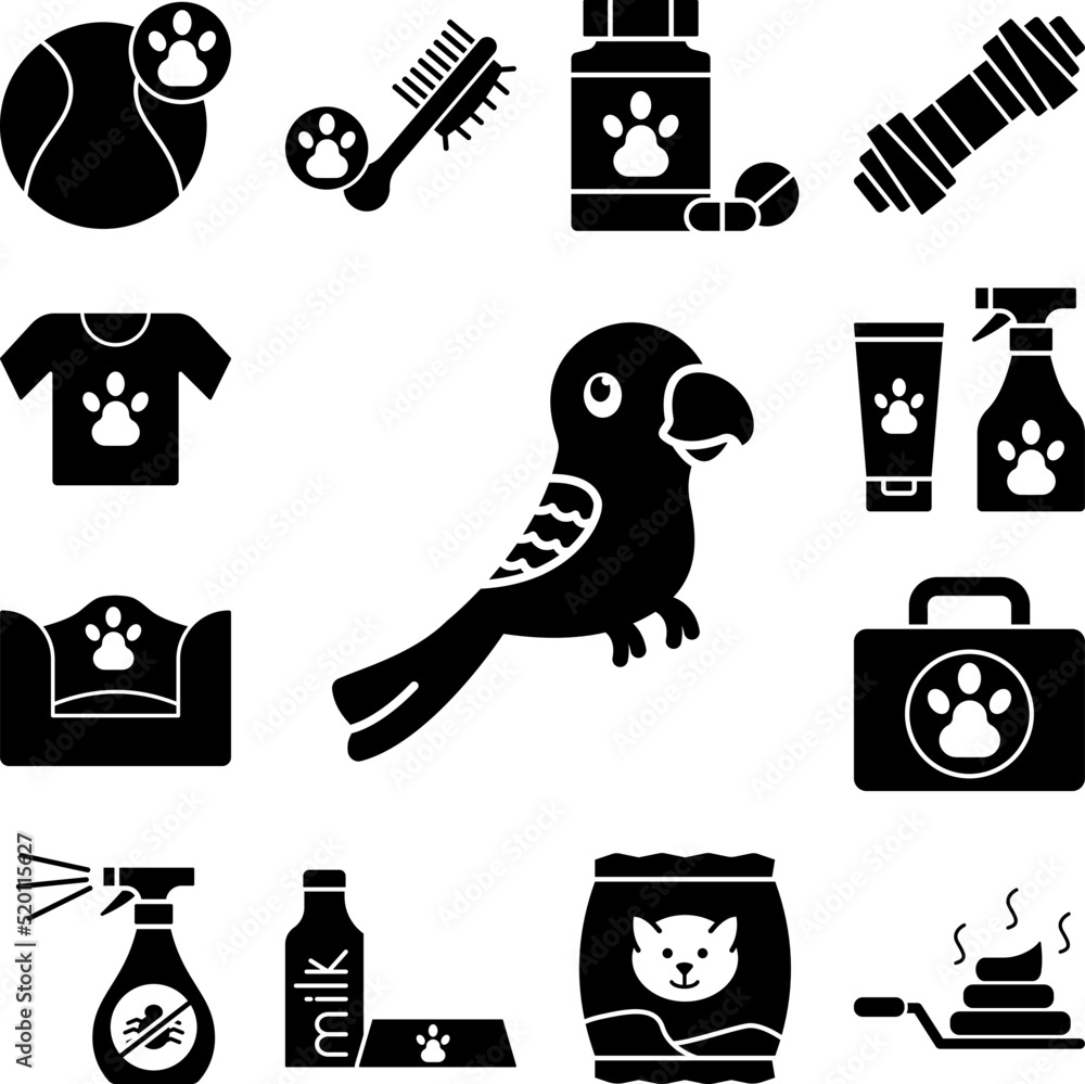 Poster parrot, bird icon in a collection with other items