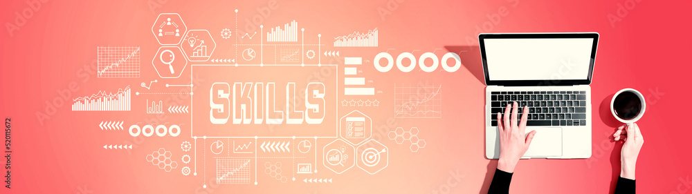 Poster Skills theme with person using a laptop computer