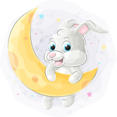 Cute doodle bunny on the moon with watercolor illustration