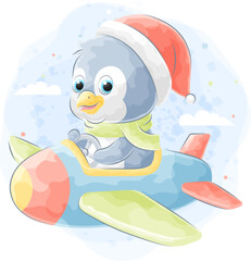 Cute doodle penguin riding a plane with watercolor illustration