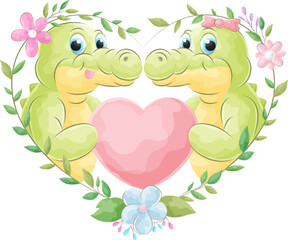 Cute crocodile doodle with watercolor illustration