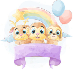 Animal friends on the cloud with rainbow