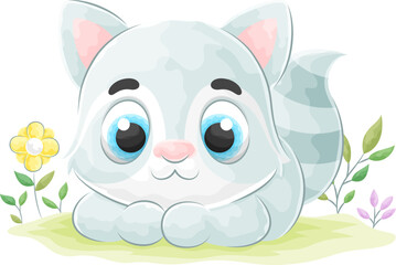 Cute doodle Raccoon with watercolor illustration