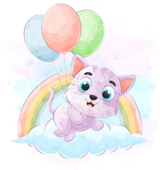 Cute doodle cat flying using balloons with watercolor illustration