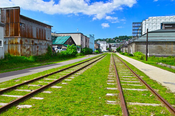 Obraz premium 新緑の北海道小樽市色内町。廃線となった旧手宮線に沿って設けられた遊歩道の景観 