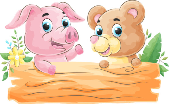 Cute Pig and Bear with Wood Sign Board , watercolor illustration