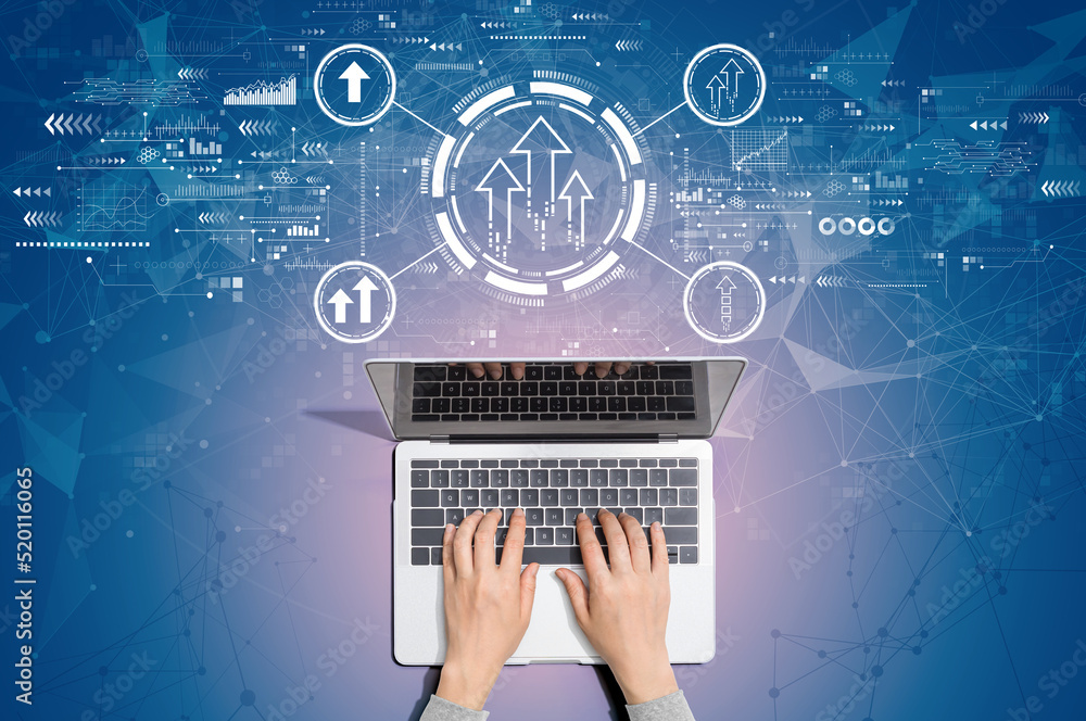Poster rising arrow theme with person using a laptop computer