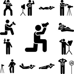 Cameraman, shooter, focus, photo pictogram icon in a collection with other items