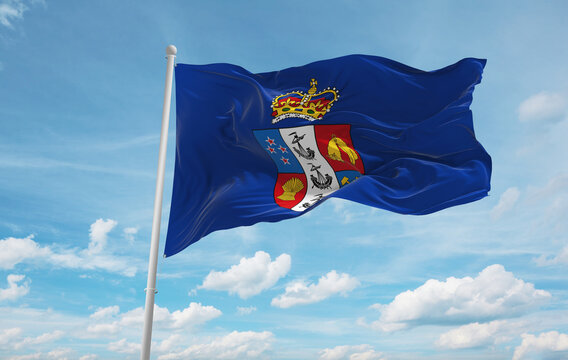 Official Flag Of Governor General New Zealand At Cloudy Sky Background On Sunset, Panoramic View. New Zealand Travel And Patriot Concept. Copy Space For Wide Banner