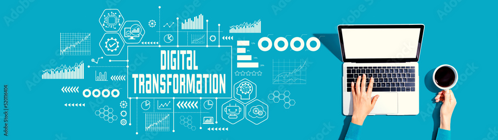Aufkleber digital transformation and technological revolution concept with person using a laptop computer