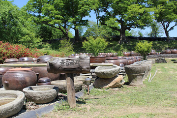 Jangdokdae in the yard of a traditional Korean house. Korean jar