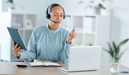 Serious and confident call center agent calling, helping and assisting a deal or sale on laptop and...