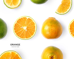 Creative layout made of orange. Flat lay. Food concept. Macro concept.