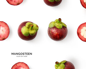 Fototapeta na wymiar Creative layout made of mangosteen. Flat lay. Food concept. Mangosteen on the white background.