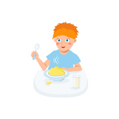 A little boy is having breakfast at the table. Oatmeal porridge and a glass of milk for breakfast. Vector