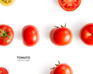 Creative layout made of tomato on the white background. Flat lay. Food concept. Tomato on the white background. - obrazy, fototapety, plakaty