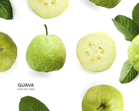 Creative layout made of green guava on the white background. Flat lay. Food concept. 