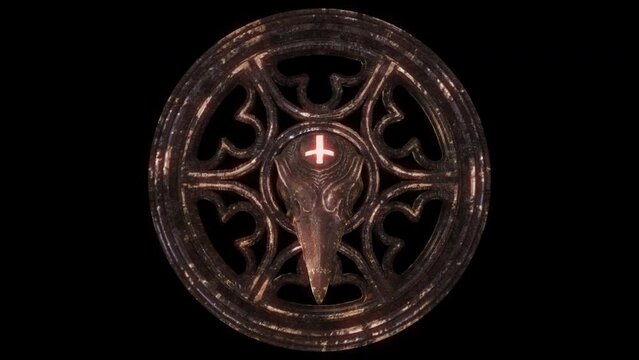 Gothic Raven Skull VJ Loop - gothic architectural pattern of ancient round window with bird skull in center and flashing cross on forehead. his motion graphics is perfect to use in your next halloween