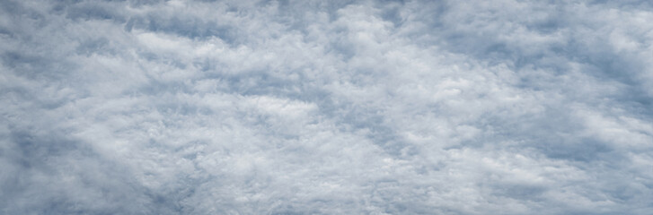 Fototapeta premium Fleecy clouds texture, cloudy sky background, wide banner size gray cloudscape