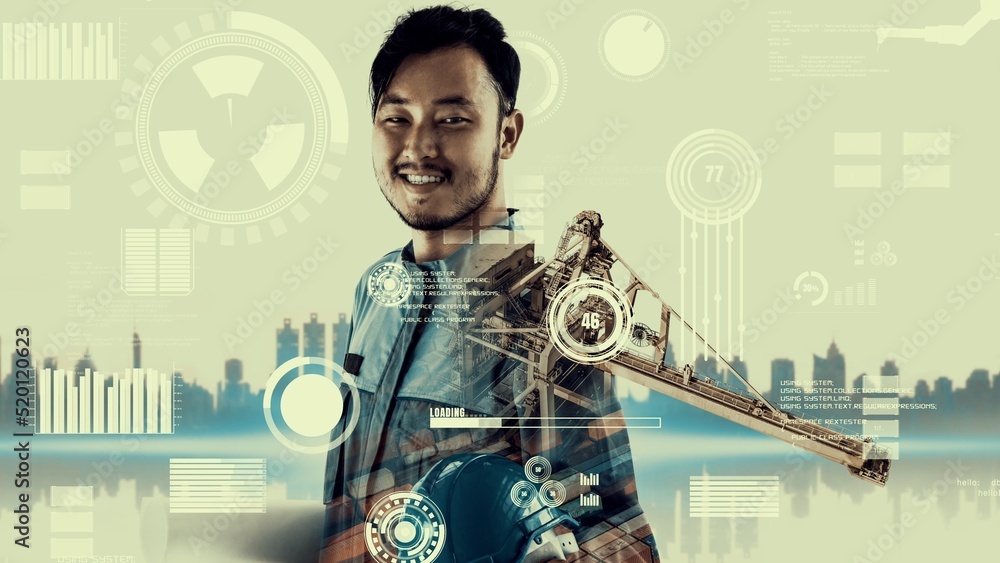 Poster future building construction and inventive engineering project concept with hud hologram graphic des