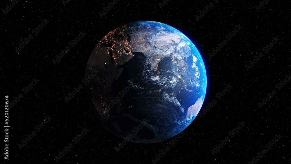 Poster planet earth with realistic geography surface and orbital 3d cloud atmosphere . outer space view of 