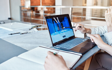 Architect, design engineer or contractor pointing to a 3d digital model on a laptop screen,...