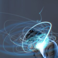 Stress and high tension at work. professional burnout. portrait on a gray background with visual...