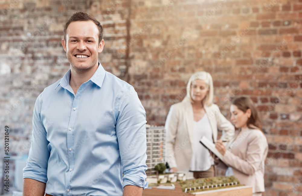 Poster happy, successful architect or construction manager satisfied with 3d building model and blueprint p