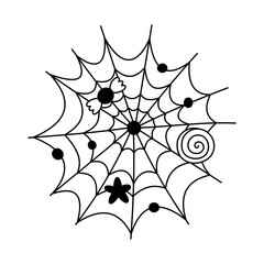 Doodle halloween spiderweb with sweets.Vector childish cobweb with candies.Trick or treat.Outline.Sketch.Isolated on white background.